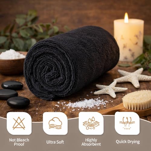 HOME ESSENTIALS Salon Towels (15 x 25 inches) 24 Pack, Black Hand Towels for Bathroom, Quick Dry Gym Towels, Spa Face Towel, Absorbent Cotton Towels for Barber, Gym, Bath, Pedicure and Home Hair Care - color: Black