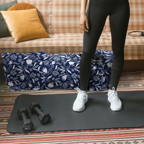Large Yoga Mat Bag Yoga Bags and Carriers Fits All You Stuff Yoga Tote Bag with Yoga Mat Strap, Elastic Pockets and Zipper Pockets - color: dark blue white