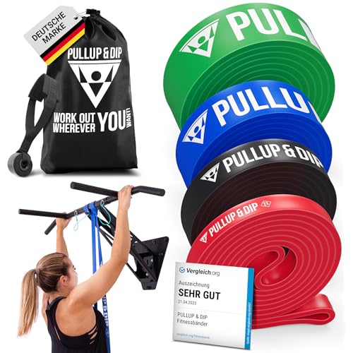 Pullup & DIP Fitness Bands, Resistance Bands with Bag, Door Anchor (with Sets) and Exercise Guide - Single & in Value Set, Pull-Up Band Fitness Band for Calisthenics - color: EXTRA LIGHT + LIGHT + MEDIUM + STRONG (Red + Black + Blue + Green)