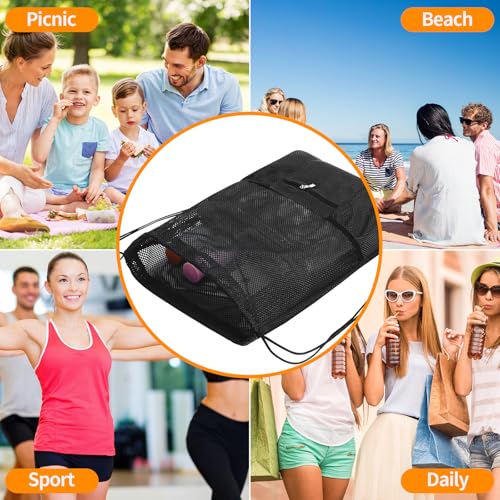 NATURAL STYLE Mesh Drawstring Backpack Bag, Gym Sports Bag with Zipper Pocket Bottle Holder, String Beach Bag for Swiming Travel (Black) - color: Black