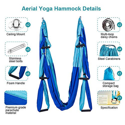 Aerial Trapeze Yoga Hammock Kit - Ultra Strong Antigravity Yoga Flying Sling Inversion Swing Tool Set - color: Mixed Blue