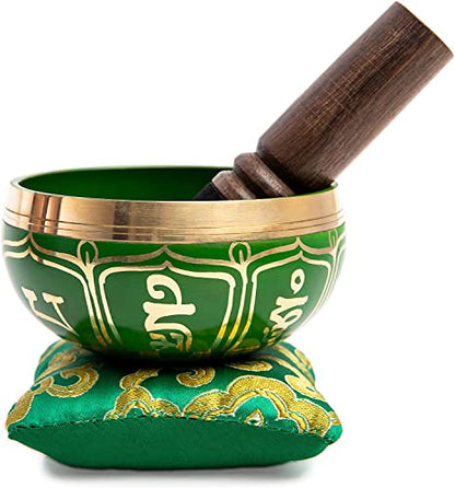Tibetan Singing Bowl Set - Authentic Handcrafted Mindfulness Meditation Holistic Sound 7 Chakra Healing by Himalayan Bazaar (Emerald) - color: Emerald Green