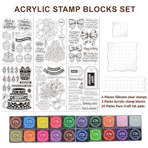 6 Pcs Clear Stamps for Birthday Card Making Supplies 20 Ink Pad | 3 Acrylic Stamp Block, Silicone Stamp with Birthday Word Candle Banner Cake Stamps for Crafting DIY Scrapbooking Journal - style: 29Pcs Celebrate Clear Stamps