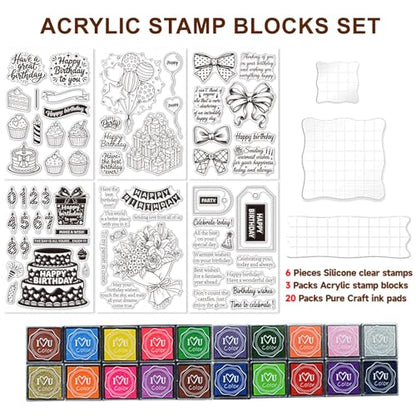 6 Pcs Clear Stamps for Birthday Card Making Supplies 20 Ink Pad | 3 Acrylic Stamp Block, Silicone Stamp with Birthday Word Candle Banner Cake Stamps for Crafting DIY Scrapbooking Journal - style: 29Pcs Celebrate Clear Stamps