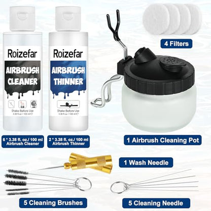 Roizefar Airbrush Cleaning Kit, Air brush Cleaning Pot with 6 Airbrush Cleaner and 2 Thinner (3.38 oz/ 100 ml) and Air brush Paint, 44 Colors with 6 Thinner, Includes Iridescent & Metallic Colors