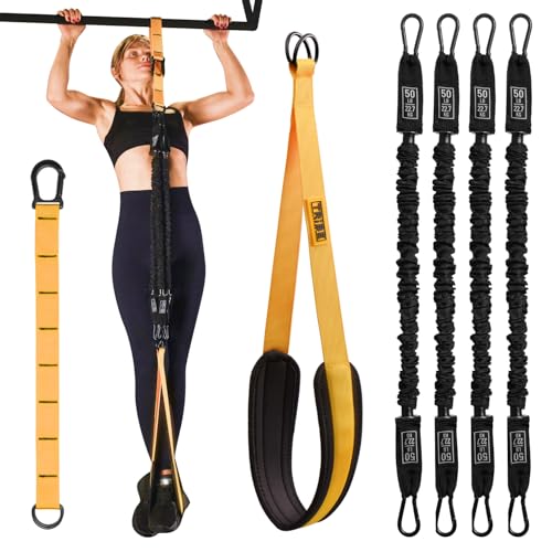 Pull Up Assistance Bands Set with 4 Levels, Adjustable Strap and Foot Rest | 50–200 lb stackable pull-up assistance, nylon-sleeved bands, adjustable support, reduced snap-back risk - color: Yellow