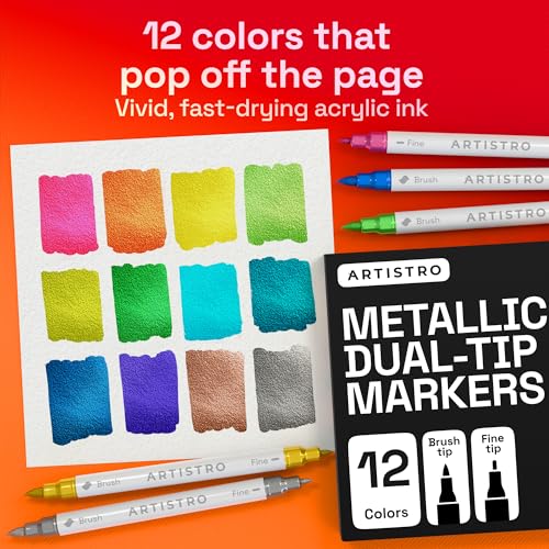 ARTISTRO 12 Metallic Dual-Tip Acrylic Paint Marker Pens for Drawing | For Fabric, Rock, Glass, Wood, & Molds, Arts & Crafts Gift for Adults, Teens, & Kids, Classroom Must Haves & School Supplies