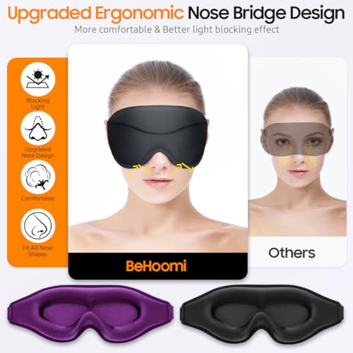 BeHoomi Sleep Mask, 2 Packs Premium Eye Mask for Sleeping, Total Blackout, Superior Soft Comfort, Upgraded 3D Ergonomic Designed Sleeping Mask for Home, Office, Travel, Meditation, Black & Purple - color: Black & Purple