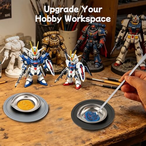 Professional Model Hobby Paint Mixing Palette Set – 12 Stainless Steel Paint Trays, 10pcs 3ml Pipette Eyedroppers, 2 Silicone Mats & Metal Paint Stirrers for Airbrush Kits, DIY Art & Hobby Painting
