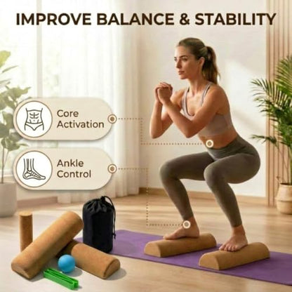 Soulchen Cork Balance Board Set – Anti-Slip Foot & Ankle Strength Trainer with Roller & Massage Ball, Improve Balance, Stability & Core Strength for Physical Training, Rehab, Yoga & Home Fitness