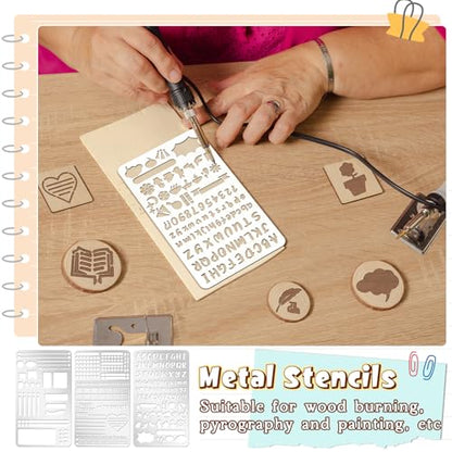 Lewtemi 6 Pcs Metal Wood Burning Stencils, Journal Style Letters Numbers | Engraving Templates for Journaling Crafts, Uppercase Lowercase Symbols, Reusable in Wood Carving Scrapbooking Projects - style: Journal Style