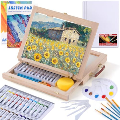 54 Pieces Complete Acrylic Paint Set with Portable Wooden Tabletop Easel | Starter Painting Kit with Tubes, Canvas Panels, Sketch Pads, Brushes, Palette for Beginners, Young Artists and Adults - color: Burlywood color