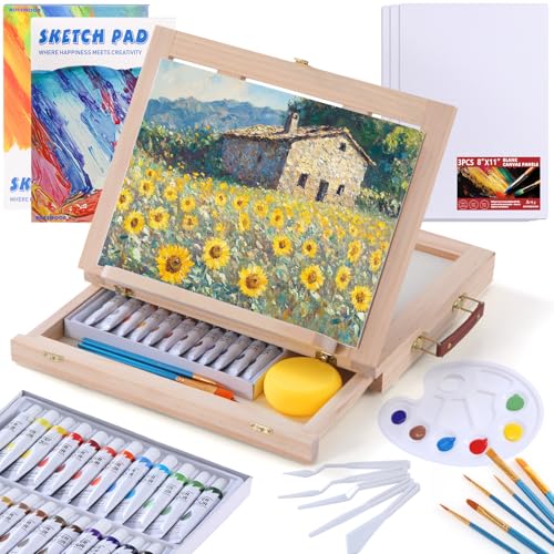 54 Pieces Complete Acrylic Paint Set with Portable Wooden Tabletop Easel | Starter Painting Kit with Tubes, Canvas Panels, Sketch Pads, Brushes, Palette for Beginners, Young Artists and Adults - color: Burlywood color