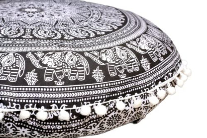 CRAFT KALA 32" Large Round Bohemian Floor Pillow Cover Boho Pouf Cover Mandala Meditation Room Pillows Cover Adults Seating Poufs Cushion Cover for Kids Reading Playroom Black Elephant Flower - color: Black and White Elephant