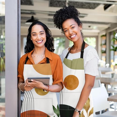 Apron with Pockets, 32x28 inch, 2 Pack, Orange Green | Boho Sun Mid Century Adjustable Bib with Pockets for Women Men Couple Lovers Chef Home Baking Gardening - color: Orange Green