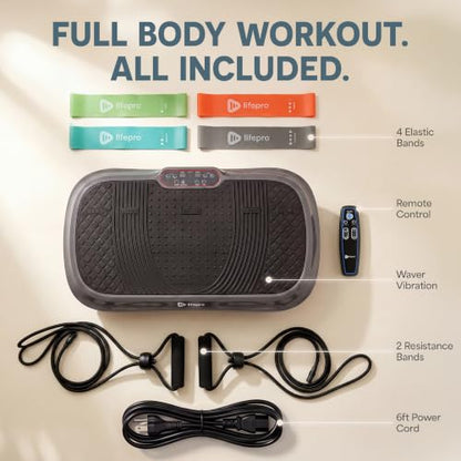 Lifepro Waver Vibration Plate Exercise Machine with 99 Speeds & 10 Presets | Resistance Bands, Non-Slip Surface, 330 lbs Capacity — Vibration Plate for Lymphatic Drainage, Body Toning, Full-Body Workout - color: Gray