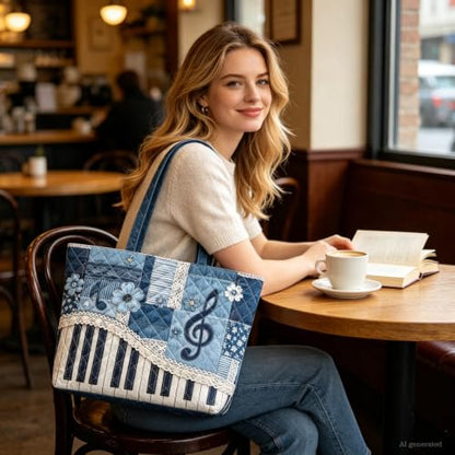 Quilted Tote Bag 2 Pack, Women's Tote Handbags for Work Travel - color: Denim Music Grey