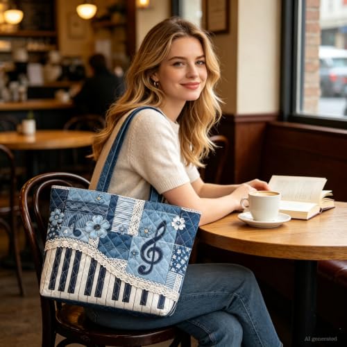 Quilted Tote Bag 2 Pack, Women's Tote Handbags for Work Travel - color: Denim Music Grey