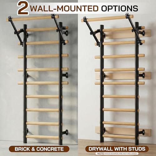 Cofiyard Swedish Ladder Wall Gym, Wooden Wall-Mounted Stall Bars with Pull-up Bar & Exercise Straps & Dip Bars, Stretching Ladder Full Body Home Gym Adults New - color: Black