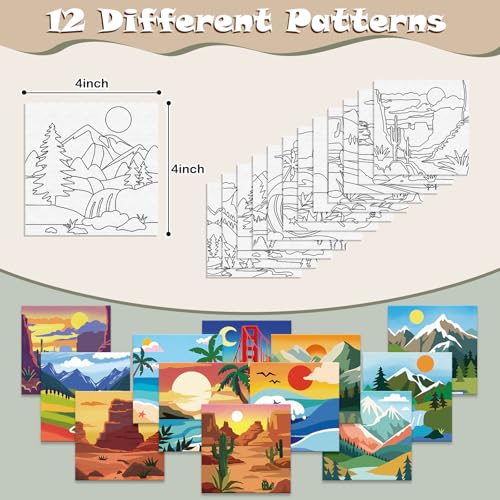 Anseal 12 Packs Pre Drawn Canvas to Paint, 4" X 4" Landscape Pre-Printed Canvas Paint Party for Adult, Stretched Outline Painting Boards for Beginners, Party Favor - style: Landscape