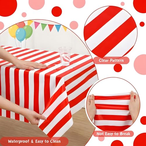 100FT x 54IN Carnival Red & White Striped Tablecloth Roll with Cutter Box | Heavy Duty Disposable Platic Table Cover Wall Backdrop, Cut-to-size for Booths Parties Backdrops - color: Red and White Stripe, size: 1200" x 54" (Rectangular)