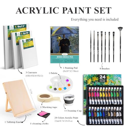 Inburit Acrylic Paint Set for Kids & Adults, Art Supplies Kit with Canvas | Complete 41 PCS Art Painting Supplies Kit, 24 Vibrant 22ml Acrylic Paint Tubes, Large Canvas Boards, Drawing Pad - color: 41PCS+24Colors/ 22ml