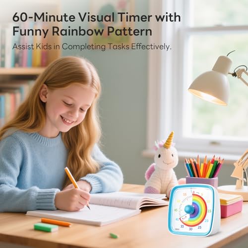 Yunbaoit Visual Timer with Night Light, 60-Minute Rainbow Countdown Timer for Kids and Adults, Time Management Tool for Home, School, Kitchen, or Office (Blue) - color: Blue-rainbow