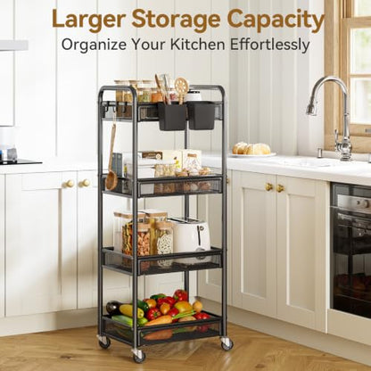 YASONIC 4 Tier Rolling Cart – Rolling Storage Cart with Wheels - color: Black, size: 4-tier