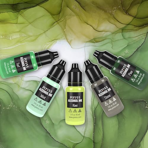 Pixiss Green Alcohol Ink Set - 5 Shades of Highly Saturated Alcohol Ink for Epoxy Resin Supplies, Yupo Paper, Tumblers, Coasters - Resin Colorant for Epoxy Resin and Resin Art Supplies - color: Greens