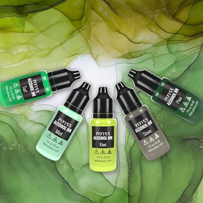Pixiss Green Alcohol Ink Set - 5 Shades of Highly Saturated Alcohol Ink for Epoxy Resin Supplies, Yupo Paper, Tumblers, Coasters - Resin Colorant for Epoxy Resin and Resin Art Supplies - color: Greens
