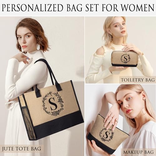 Personalized Birthday Gifts for Women, Monogrammed Initial Jute Tote Bags | Beach Tote Bag & Makeup Bags w/ Zipper, Christmas Women Gifts for Mom Her Friends Sister Coworker Nurse Teacher Appreciation - style: G