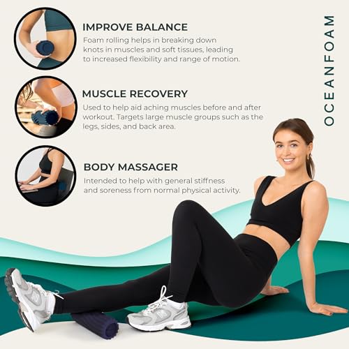 Oceanfoam Ripple Travel Foam Roller (11" x 3.35") Firm Mini Foam Roller for Physical Therapy, Deep Tissue Massage, Back Pain, High Density, Ergonomic Wave Textured, Yoga, Pilates, Exercise (Dark Navy) - color: Dark Navy