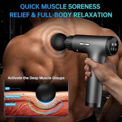 Gvber Massage Gun Deep Tissue 30 Speeds 6 Heads, Grey | Quiet Handheld Percussion Massager for Back & Shoulder Pain, Ideal Gifts for Mom & Dad, Travel & Office, Athletes & Home Gym