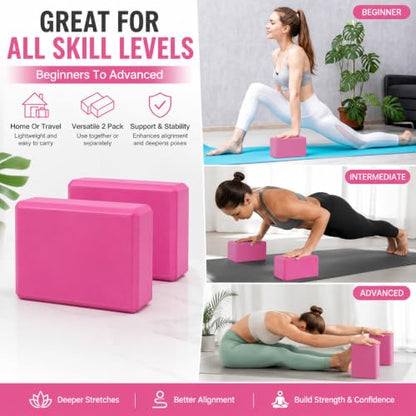 EXERZ Yoga Blocks 2 pack, Gym Blocks, Exercise Workout Fitness Bricks, Pilates Stretch Handstand Non-Slip - color: Pink