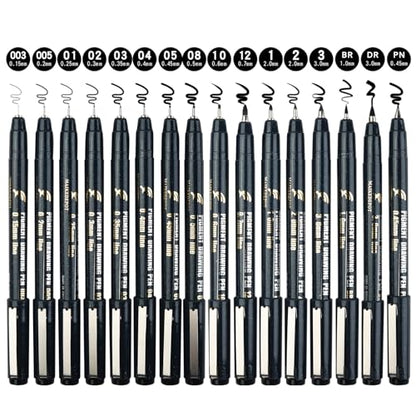16 Pack Micro Fineliner Drawing Pens - Waterproof Black Ink, Assorted Tip Sizes for Sketching, Manga, Anime, Comic, Art Writing, Journaling & Architectural Design