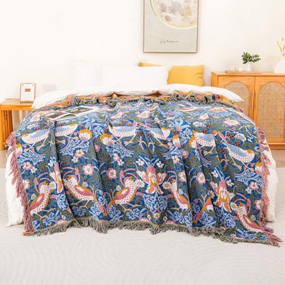 Boho Cotton Muslin Twin Size Bed Throws Blue&Yellow 60"×80" - color: Bird&florals, size: 60''x80''