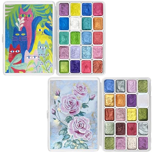 CraftyManor Mini Forestry Shifting Watercolor Painting Set, 40 Color Shifting Watercolor Paint Set, Shimmer Metallic Watercolor Paints Set, Glitter Watercolor Paint, Solid, Matisse & Rococo Style - color: Matisse+Rococo 40 Colors