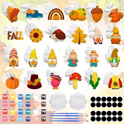 Simgoing 24 Sets Fall Ceramic Painting Kit Autumn Ceramics Painting Set | Ceramic Painting Kit with 24 Magnet 4 Brushes and 2 Palette for DIY Ready to Paint Ceramics Painting Arts and Crafts Set - style: Fall