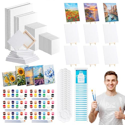 Engrowtic 160 Pcs 20 Set Paint and Sip Kit for Adult Include Blank Mini Canvas Boards Wooden Easels Painting Strips Brushes Palettes Disposable Aprons for Party Paint and Sip Date Night Kits