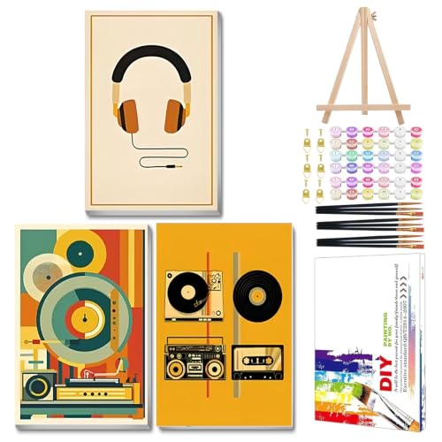 Mandun Music Paint by Numbers Kit for Adults, 3 Pack, 7.8x11.8 inch | DIY Painting Kits Crafts for Adults, Relieve Stress, Frame Canvas, Wooden Easel, Gift Box, Home Wall Decor - color: 3 Pack Music