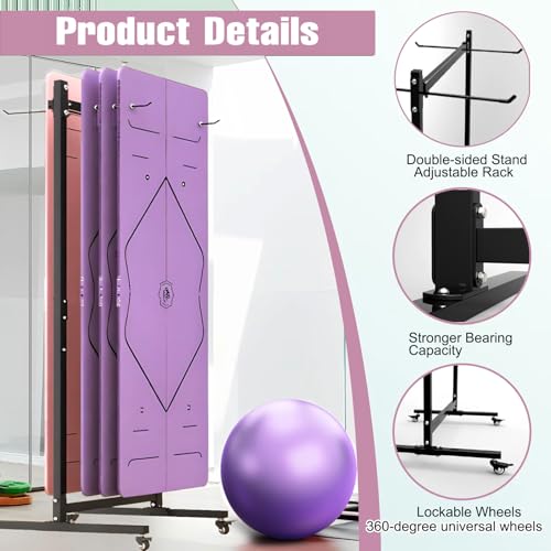 Yoga Mat Storage Rack on Wheels, Metal Yoga Mat Holder with Double Sided Hooks & Punching Tool, Rolling Organizer Cart for Home Gym, Exercise & Fitness Club