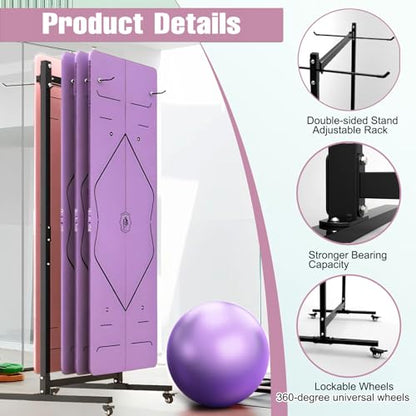 Yoga Mat Storage Rack on Wheels, Metal Yoga Mat Holder with Double Sided Hooks & Punching Tool, Rolling Organizer Cart for Home Gym, Exercise & Fitness Club