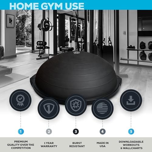 Bosu Balance Ball Exercise Trainer, Home Gym Equipment w/Guided Workouts & Pump, 26" Inflatable Fitness Platform for Strength Training, Standing, Balancing, and Core Workout - color: Matte Black