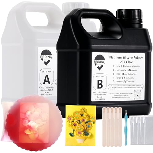 BBDINO Silicone Mold Making Kit, Mold Making Silicone 20A Translucent 4.4 lbs, Liquid Silicone for Mold Making 1:1 by Volume, Ideal for Casting Resin, Soap, Plaster, Wax Silicone Molds | 1A:1B Mixing -Self Degassing -4 Hrs Quick Cure -Flexible & Firm Well