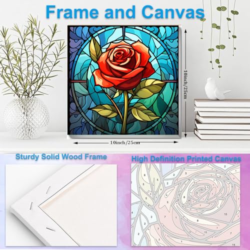 Artunion Framed Paint by Numbers Kit for Adults Beginners & Kids Ages 8-12,Red Rose Flower Paint by Number with Frame, Stained Glass Paint by Numbers Kit on Canvas 10 * 10 Inch Without Easel - color: ZXT-243-F