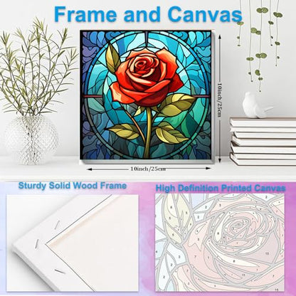 Artunion Framed Paint by Numbers Kit for Adults Beginners & Kids Ages 8-12,Red Rose Flower Paint by Number with Frame, Stained Glass Paint by Numbers Kit on Canvas 10 * 10 Inch Without Easel - color: ZXT-243-F