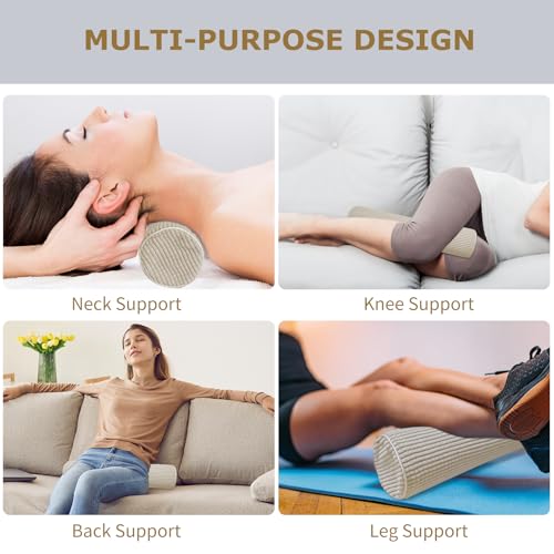NANSHIE Neck Pillow for Sleeping, Cervical Neck Pillow Cylinder Bolster Pillow, Round Foam PillowCore Plush Washable Cover, Multi-Functional Support Pillow for Home Office Travel Yoga (Khaki)
