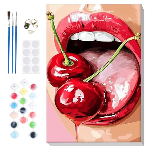 Bowetile Framed Red Lips Paint by Numbers Kit for Adults, Adults' Paint-by-Number Kits on Canvas, Painting by Numbers Cherry, Acrylic Vintage Number Painting for Home Wall Decor, 8x12in - color: Red lips and cherry