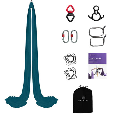 Aerial Silks Yoga Hammock Kit, 11 Yards, Hardware and Swivel | Knitted fabric with swivel and guide, portable carry bag included, for aerial yoga, gymnastics and home gym practice - color: Teal