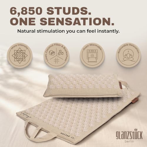 Glanzstück Berlin® Acupressure Mat and Pillow Set Intense - 6,850 Sharp Flower Tips for Deep Stimulation, Linen Cover, Coconut Fiber Fill, Carry Bag - 28" x 16.5" Massage Mat for Back, Neck & Feet - size: XL Intense